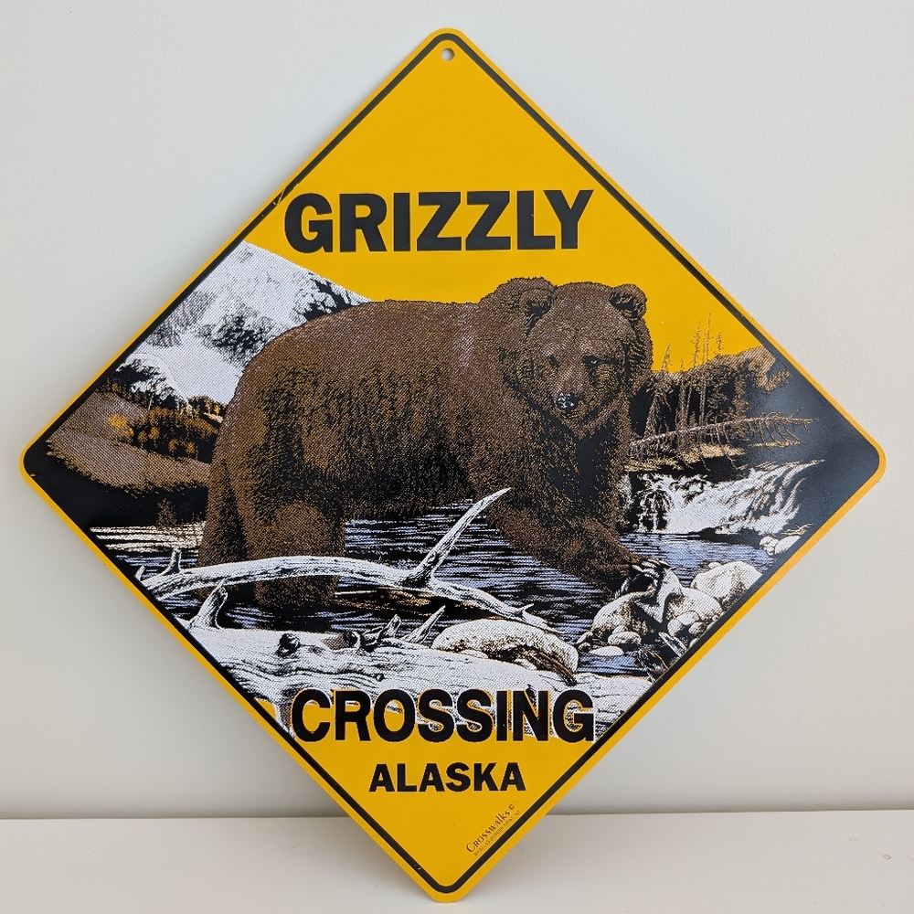 12x12 Alaska Grizzly Bear Crossing Metal Sign Outdoor Aluminum Yellow Outdoor
